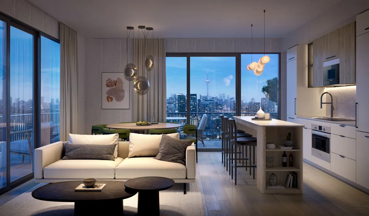 Artist's concept of an open living room and kitchen with floor-to-ceiling windows and a view of the CN Tower